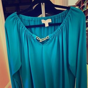 MK teal blouse with elegant golden chain front